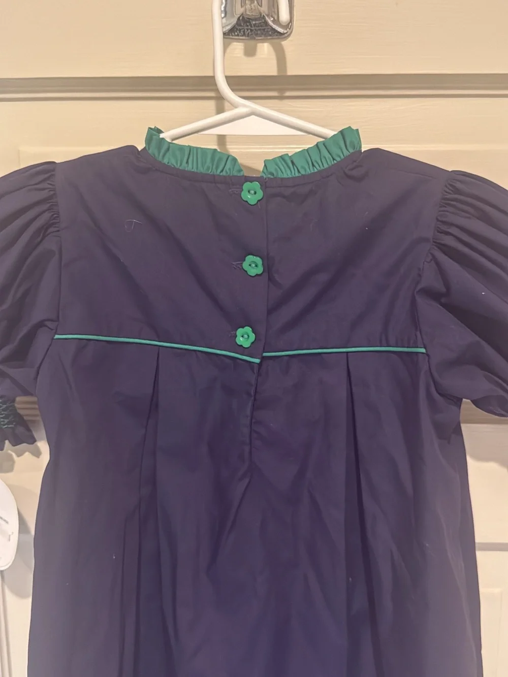 Classic Navy & Green Puff-Sleeve Kids Dress